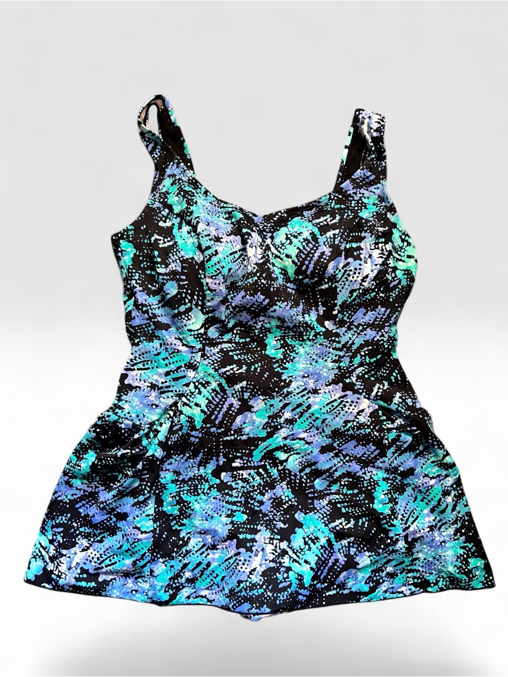 Vintage Y2K Flattering Skirted One Piece Swimsuit Blue Abstract Women’s 14